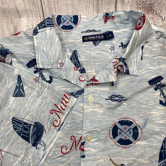 Nautica Vintage 90s Sail Boat Graphic Hawaiian Shirt Blue Short Sleeve Size‎ XL - Picture 1 of 7